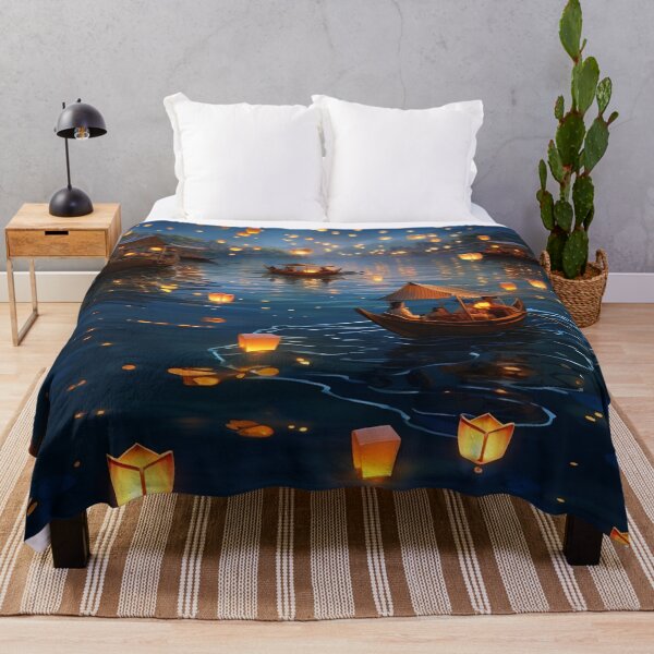 Item preview, Lanterns in and above lake with boats designed and sold by zand-n-zive.