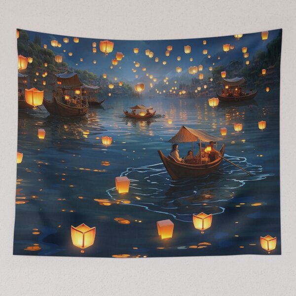 Item preview, Lanterns in and above lake with boats designed and sold by zand-n-zive.