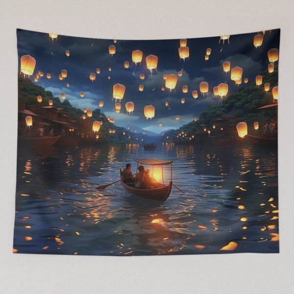Item preview, Lanterns in and above lake with boats designed and sold by zand-n-zive.