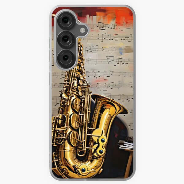 Aperçu de l'œuvre grand saxophone abstrait avec impression de notes de musique créée et vendue par dcrc.