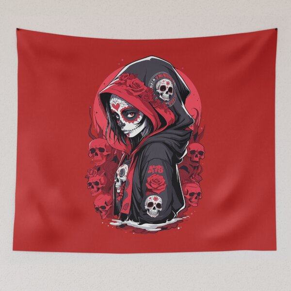Item preview, Red & Black Hooded Sugar Skull Girl Red Skulls designed and sold by A78-Designs.