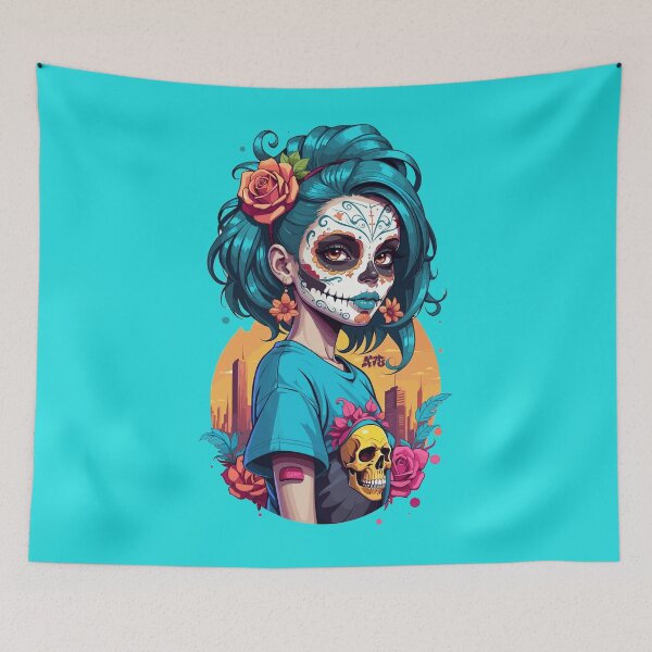 Item preview, Sugar Skull Girl Blue Hair and Peach Rose designed and sold by A78-Designs.