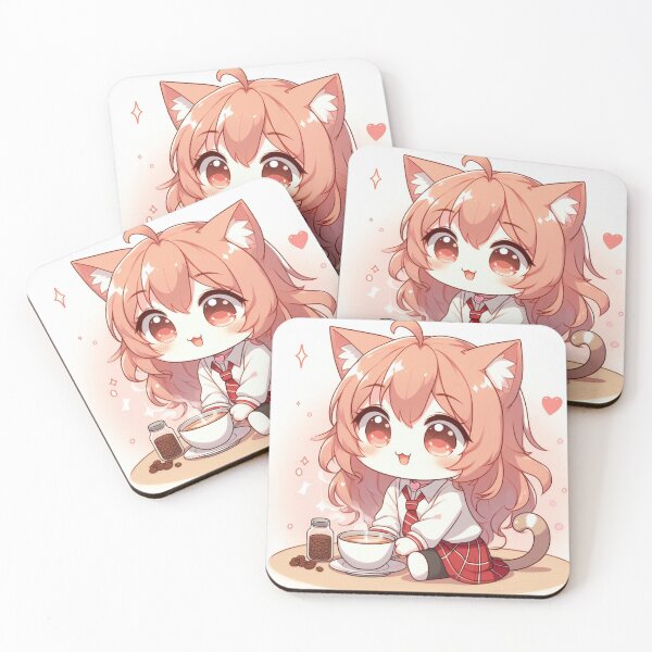 Item preview, cute cat girl drinking coffee designed and sold by CuteCritterArt.