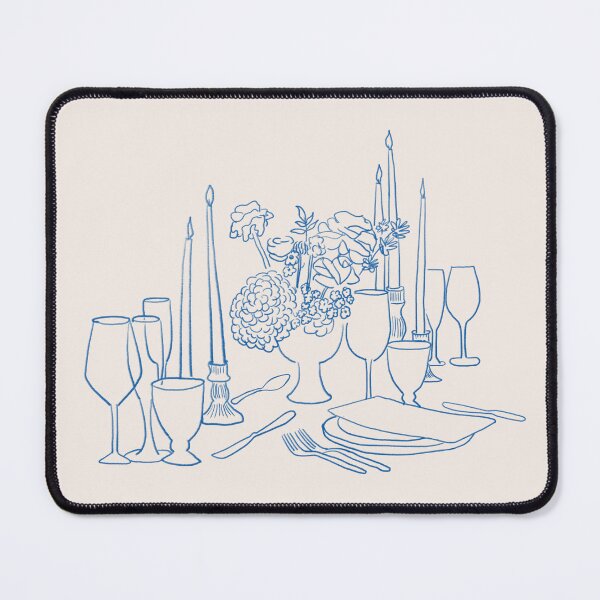 Item preview, Printable art of served table with plates, candles and flowers illustrated in blue. Minimalist dinner sketch. Trending Doodle Art designed and sold by AlarconStudio.