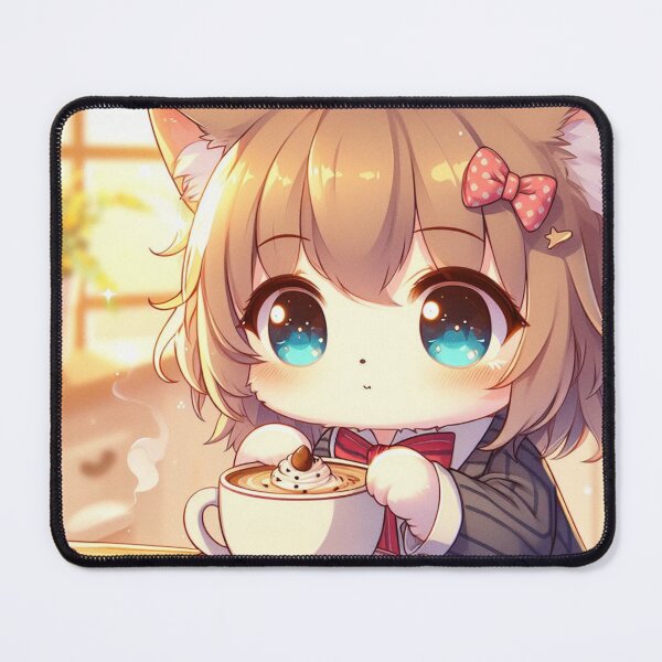 Item preview, cute cat girl dressed up drinking hot chocolate designed and sold by CuteCritterArt.
