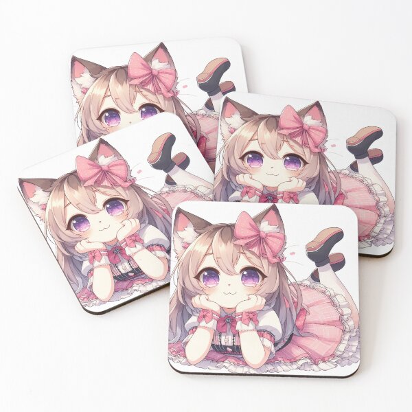 Item preview, cute cat girl in pink dress designed and sold by CuteCritterArt.