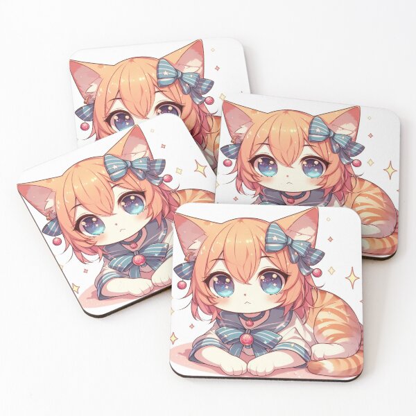 Item preview, cute cat girl wearing blue ribbons designed and sold by CuteCritterArt.