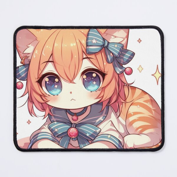 Item preview, cute cat girl wearing blue ribbons designed and sold by CuteCritterArt.
