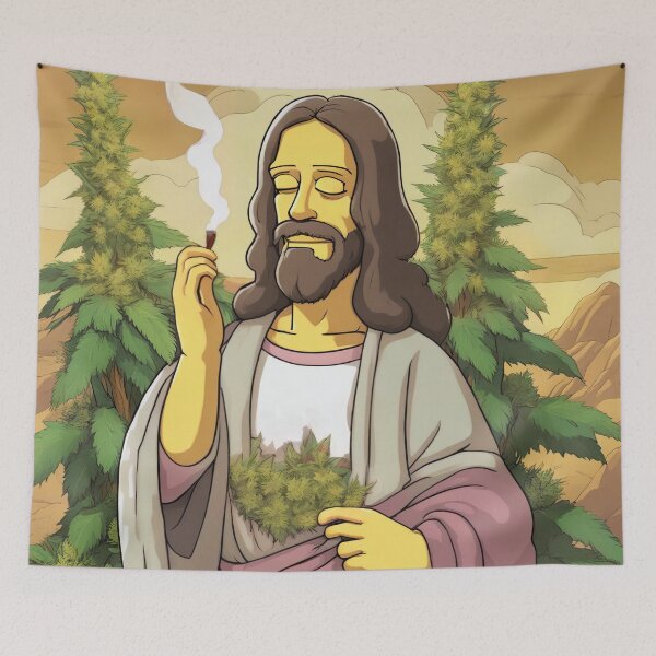 Item preview, Simpsons Style Jesus Smoking Weed in Nature designed and sold by WeedLoveJesus.