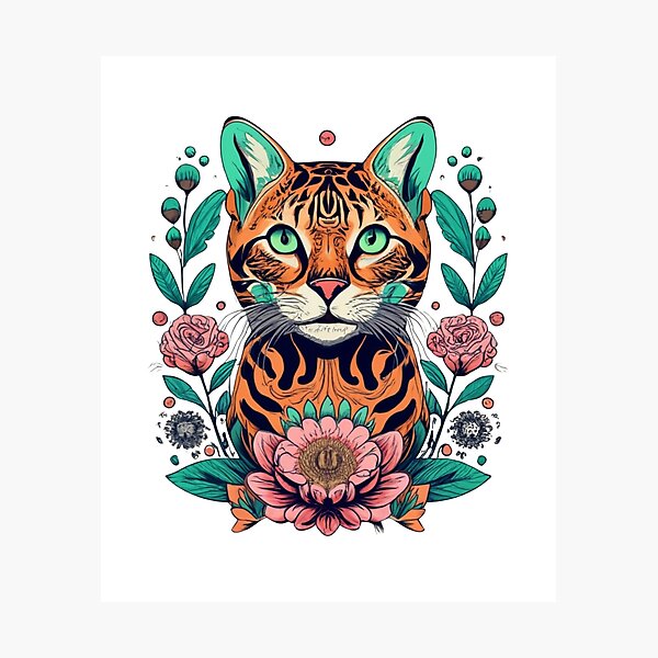 Item preview, Retro Bengal Cat Floral Wild Flowers designed and sold by ArtFromBeyond.