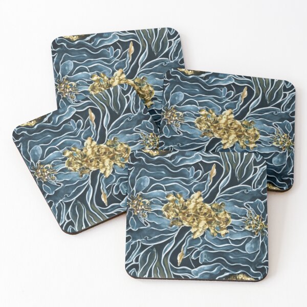 Item preview, seamless background 3d realistic watercolor illustration of gold and blue flowers, shiny and shiny, vibrant, vibrant, logo, picture, graphic, illustration designed and sold by gulka8.