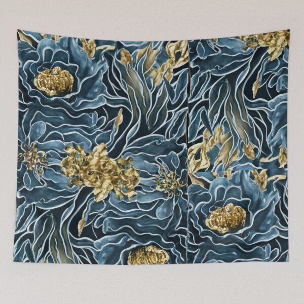 Item preview, seamless background 3d realistic watercolor illustration of gold and blue flowers, shiny and shiny, vibrant, vibrant, logo, picture, graphic, illustration designed and sold by gulka8.