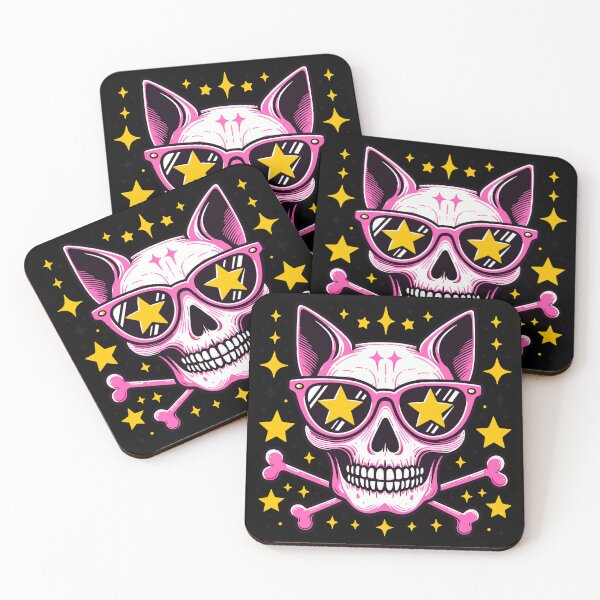 Item preview, preppy skull, Pink skeleton of a cat, yellow stars on the eyes designed and sold by Niktarka.