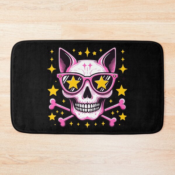 Item preview, preppy skull, Pink skeleton of a cat, yellow stars on the eyes designed and sold by Niktarka.