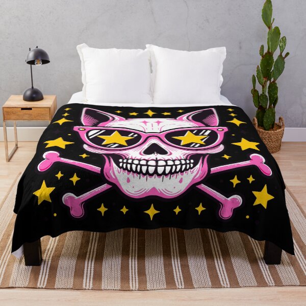 Item preview, preppy skull, Pink skeleton of a cat, yellow stars on the eyes designed and sold by Niktarka.