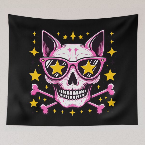 Item preview, preppy skull, Pink skeleton of a cat, yellow stars on the eyes designed and sold by Niktarka.