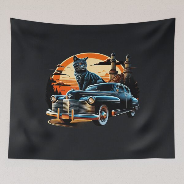 Item preview, Old classic car in retro style among buildings and forests designed and sold by BlueGoldArt.