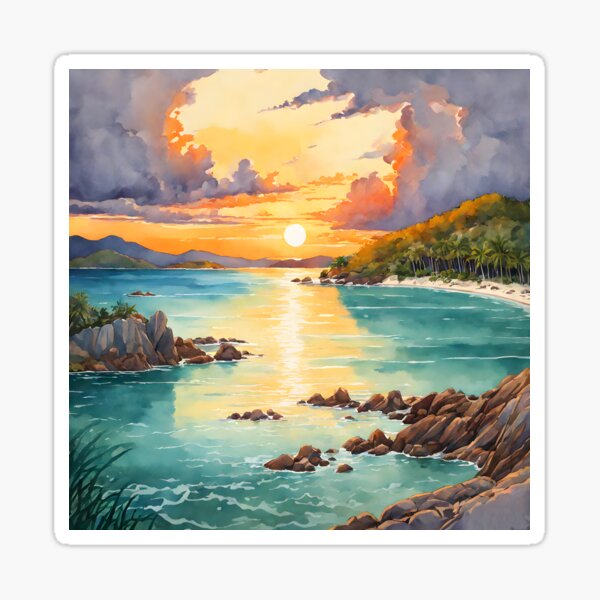 Item preview, A Serene Evening in the Whitsunday Islands: Captivating Sunset Splendor Painted with Watercolor Essence designed and sold by LSV-Art.