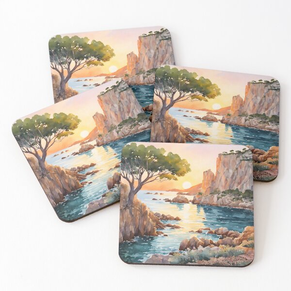 Item preview, Serene Sunset at Cala Goloritz, Sardinia: A Watercolor Masterpiece Capturing Nature's Beauty designed and sold by LSVart.