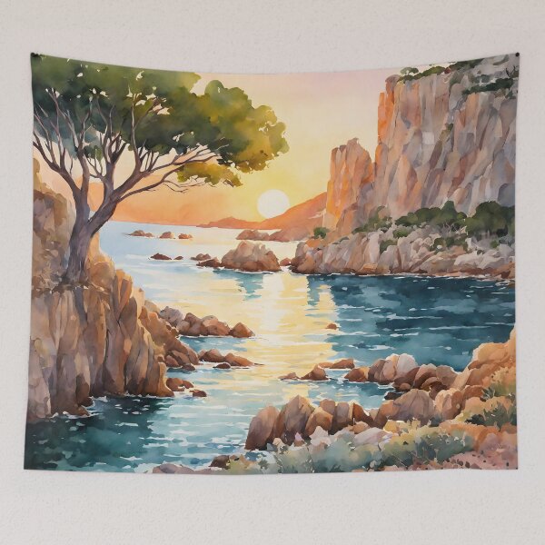 Item preview, Serene Sunset at Cala Goloritz, Sardinia: A Watercolor Masterpiece Capturing Nature's Beauty designed and sold by LSVart.
