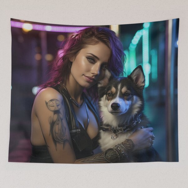 Item preview, Beautiful AI Cyberpunk chick with her mini aussie designed and sold by daywithoutlight.
