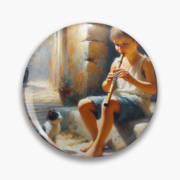 Item preview, Melody of Innocence: Young Boy Playing Flute with Cat - Classical Street Scene Art Print - Charming and Rustic Home Decor designed and sold by BeaconMarketing.