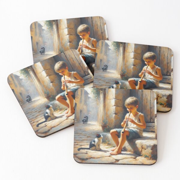 Item preview, Melody of Innocence: Young Boy Playing Flute with Cat - Classical Street Scene Art Print - Charming and Rustic Home Decor designed and sold by BeaconMarketing.