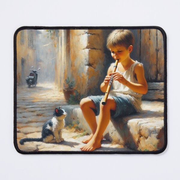 Item preview, Melody of Innocence: Young Boy Playing Flute with Cat - Classical Street Scene Art Print - Charming and Rustic Home Decor designed and sold by BeaconMarketing.