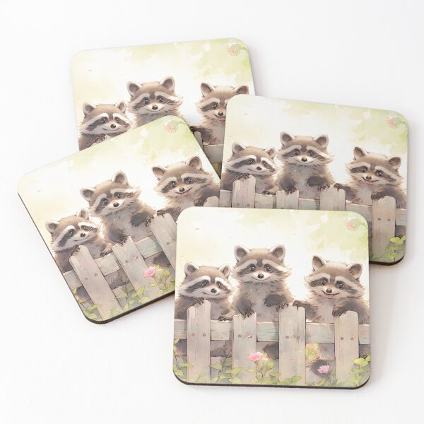 Item preview, three cute raccoons at the garden fence in kawaii anime manga style designed and sold by WallyPink.