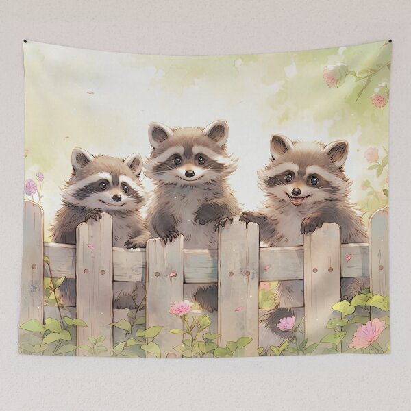 Item preview, three cute raccoons at the garden fence in kawaii anime manga style designed and sold by WallyPink.