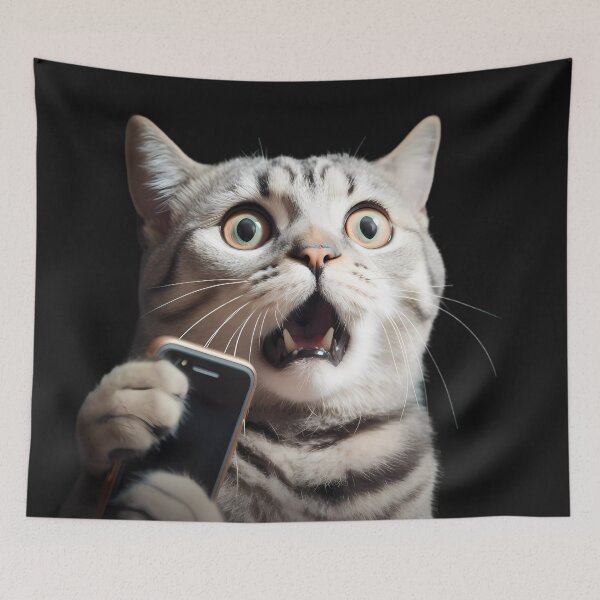 Item preview, A surprised cat with an open mouth and a phone in its paw. designed and sold by Linework Studio.