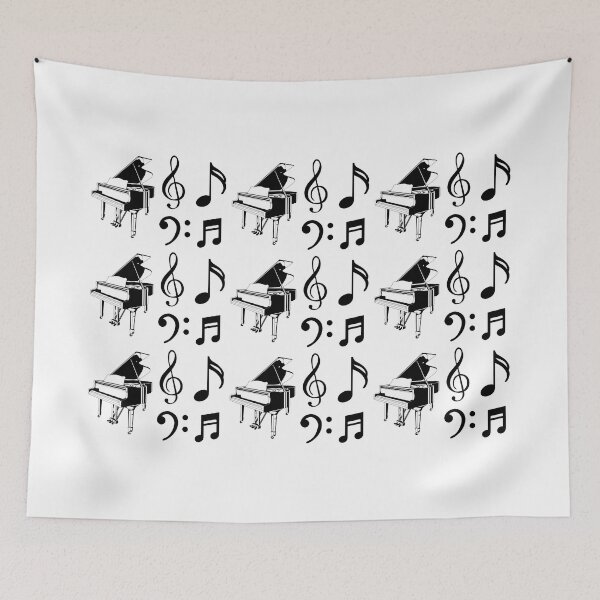 Item preview, Piano, eighth notes, and bass and treble clefs in a medium geometric repeated tiled design pattern designed and sold by ElegantTeaTime.
