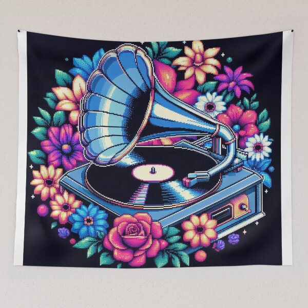 Item preview, Gramophone Pixel Art with flowers and music designed and sold by DakaPixelArt.