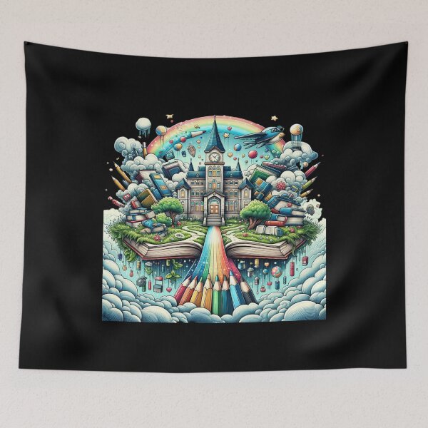 Item preview, "Fantasy Academy of Knowledge - Colorful Books and Pencils Illustration" designed and sold by ChromaticBlend.