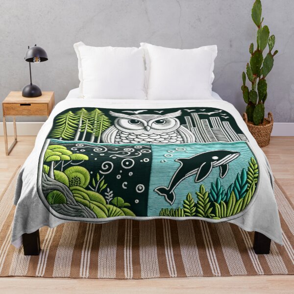 Item preview, Embroidered Owl & Whale Art | Oceanic and Avian Harmony Design designed and sold by #Adulting Central.