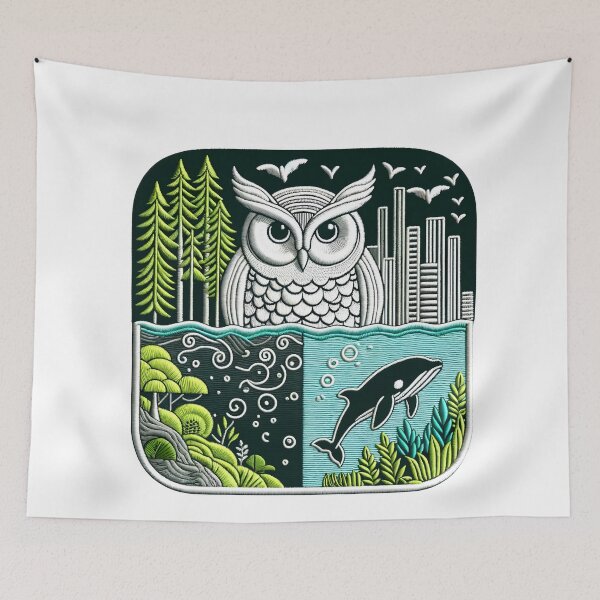 Item preview, Embroidered Owl & Whale Art | Oceanic and Avian Harmony Design designed and sold by #Adulting Central.