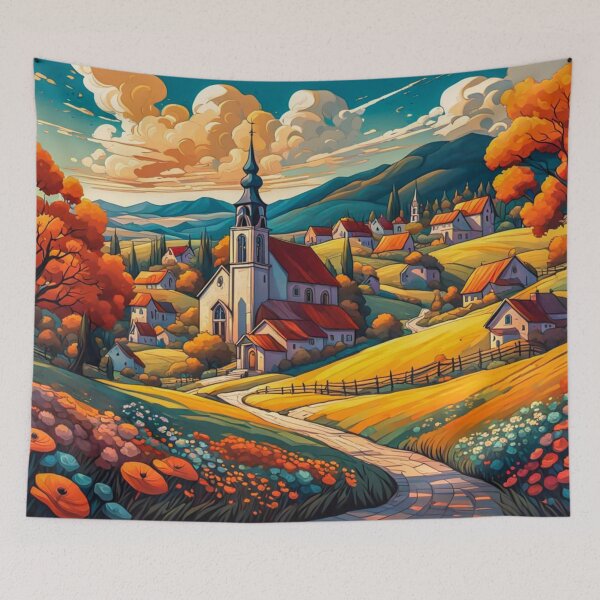 Item preview, Abstract Surrealism Painting Of A Beautiful Colorful Country Village With Mountains View, Gorgeous Sky, Footpath and Flowers Garden  in the Hill designed and sold by MyArt23.