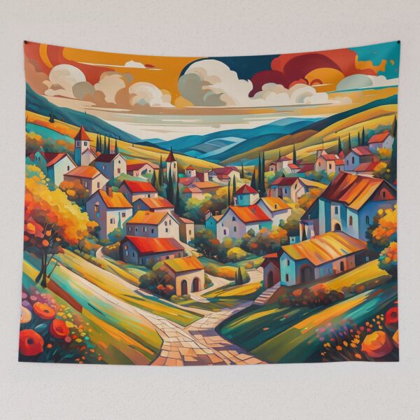 Item preview, Abstract Surrealism Painting Of A Beautiful Colorful Country Village With Mountains View, Gorgeous Sky, Footpath and Flowers Garden in the Hill designed and sold by MyArt23.
