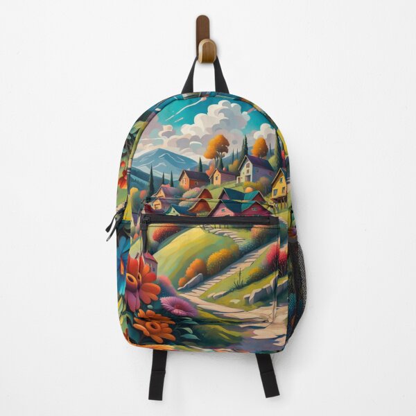 Item preview, Abstract Surrealism Painting Of A Beautiful Colorful Country Village With Mountains View, Gorgeous Sky, Footpath and Flowers Garden in the Hill designed and sold by MyArt23.
