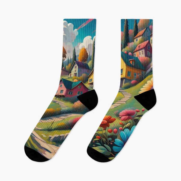 Item preview, Abstract Surrealism Painting Of A Beautiful Colorful Country Village With Mountains View, Gorgeous Sky, Footpath and Flowers Garden in the Hill designed and sold by MyArt23.