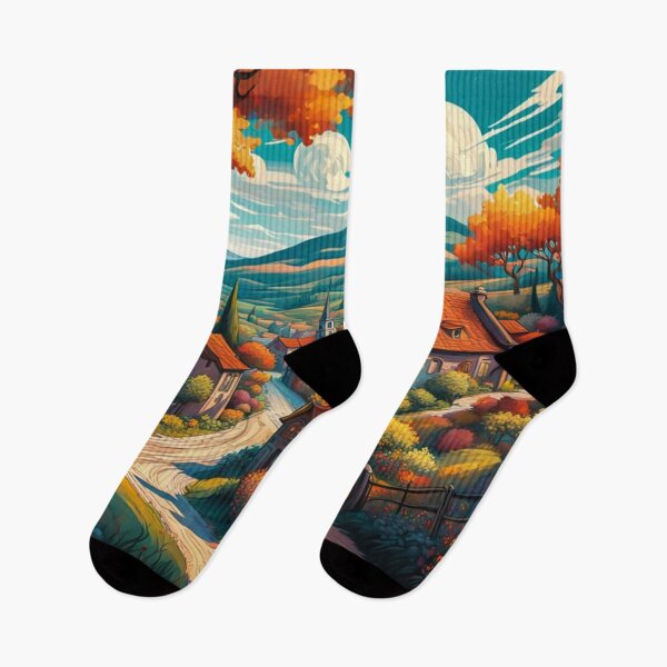 Item preview, Painting Of A Beautiful Colorful Country Village With Mountains View, Gorgeous Sky, Footpath and Flowers Garden in the Hill designed and sold by MyArt23.