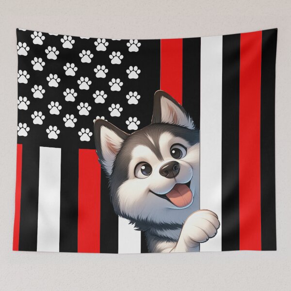 Artikelvorschau, Sibirischer Husky späht hinter die amerikanische Flagge entworfen und verkauft von TheAnimalZ00.