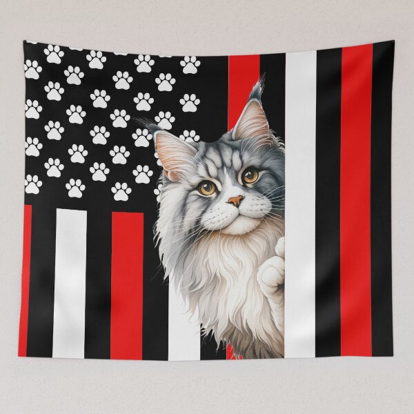Item preview, Maine Coon Cat Peeking Behind The American Flag designed and sold by TheAnimalZ00.