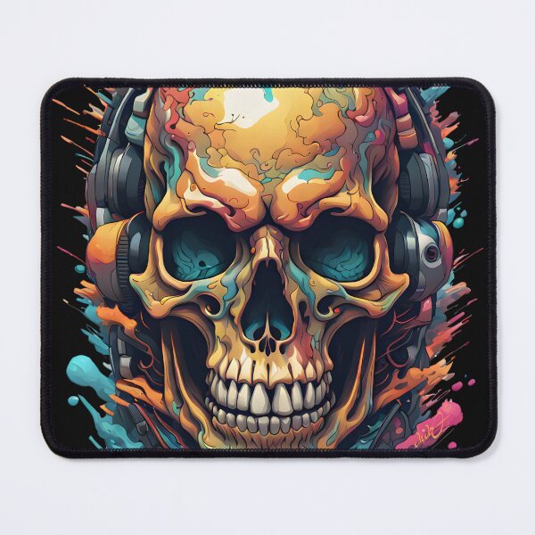 Aperçu de l'œuvre TÊTE DE MORT MULTICOLOR AVEC CASQUE AUDIO créée et vendue par Designando.