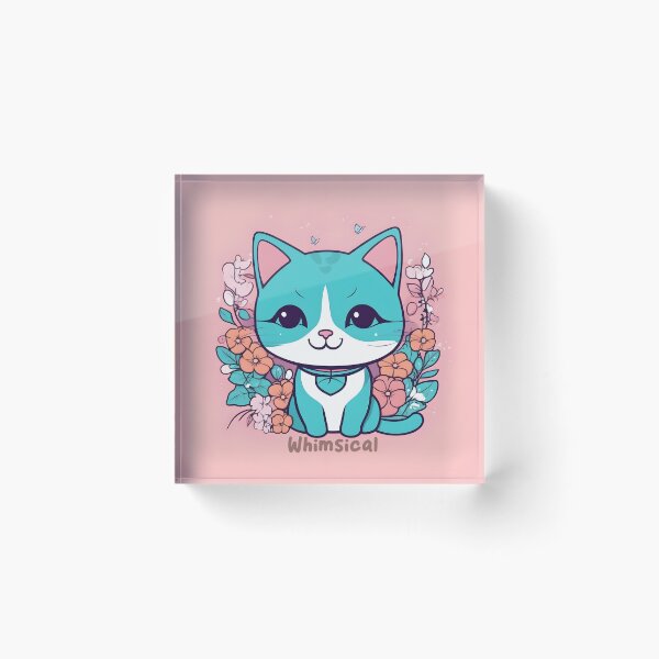 Item preview, Aqua Kawaii Cat with Floral Accents designed and sold by inkArtistryfine.