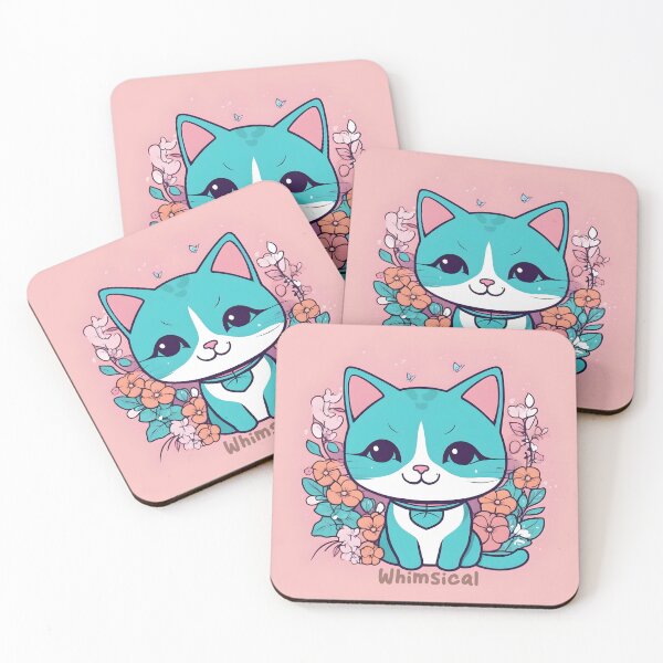 Item preview, Aqua Kawaii Cat with Floral Accents designed and sold by inkArtistryfine.