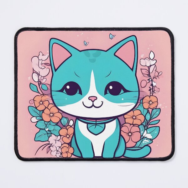 Item preview, Aqua Kawaii Cat with Floral Accents designed and sold by inkArtistryfine.