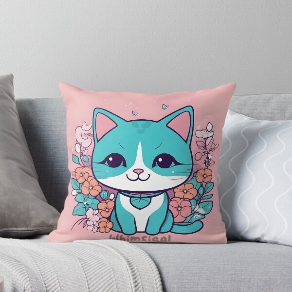 Item preview, Aqua Kawaii Cat with Floral Accents designed and sold by inkArtistryfine.