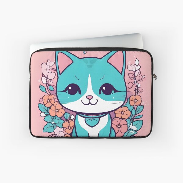 Item preview, Aqua Kawaii Cat with Floral Accents designed and sold by inkArtistryfine.