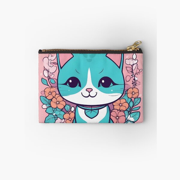 Item preview, Aqua Kawaii Cat with Floral Accents designed and sold by inkArtistryfine.